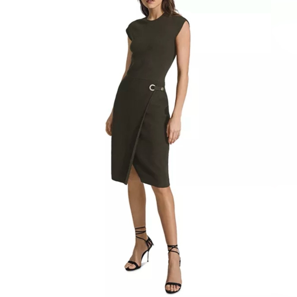 REISS Thea Slim Fit Faux Wrap Skirt Knit Dress, Gray/Green, Size M, NWOT